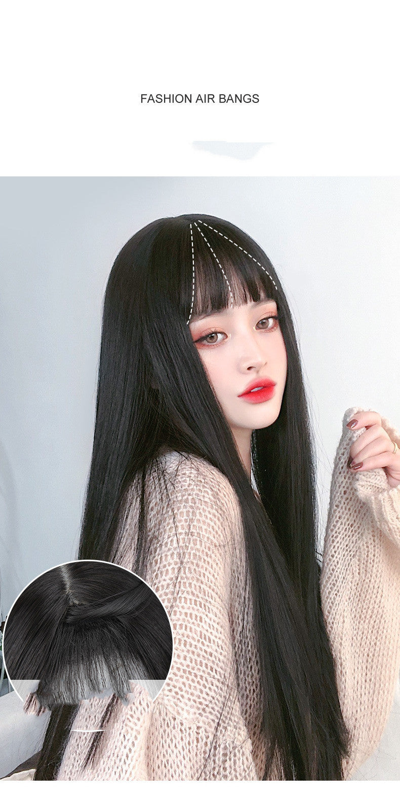 Realistic Black Long Straight Wig - Air Bangs, Full Cap — back view