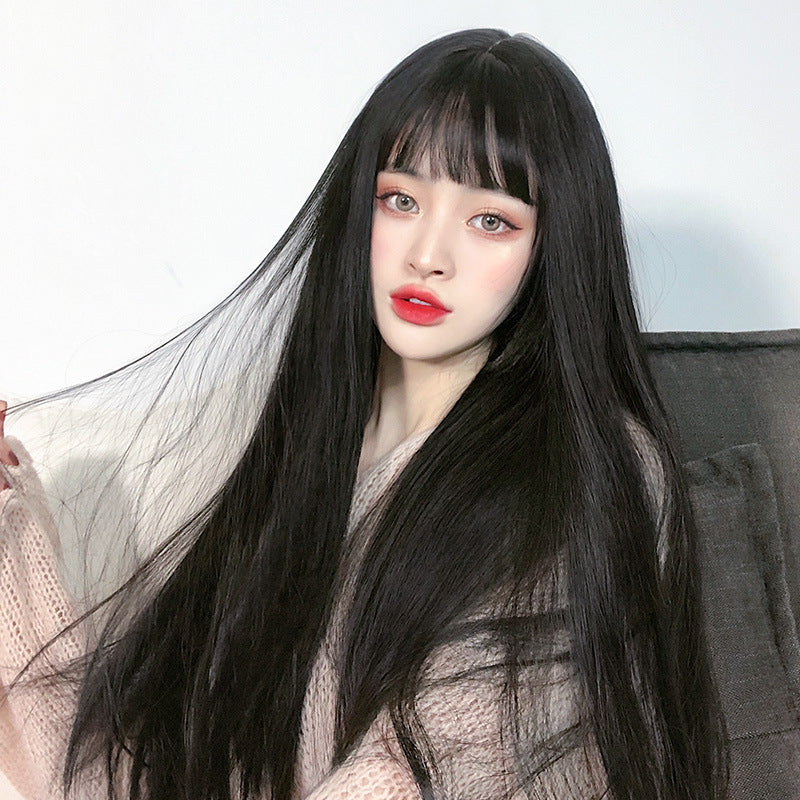 Realistic Black Long Straight Wig - Air Bangs, Full Cap — side view