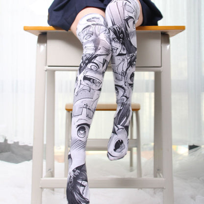 Long Velvet Anime Print Thigh Socks | Magic Stories