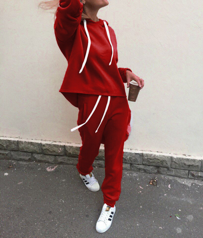 Casual Drawstring Sweatshirt Solid Color Stitching Sports Suit — scale reference