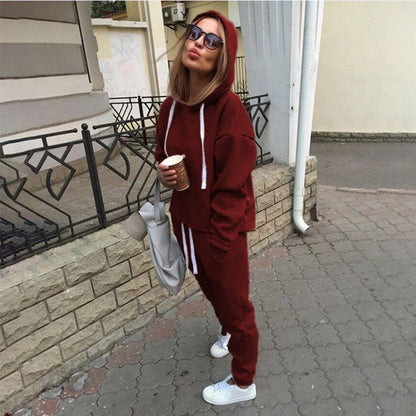 Casual Drawstring Sweatshirt Solid Color Stitching Sports Suit — side view