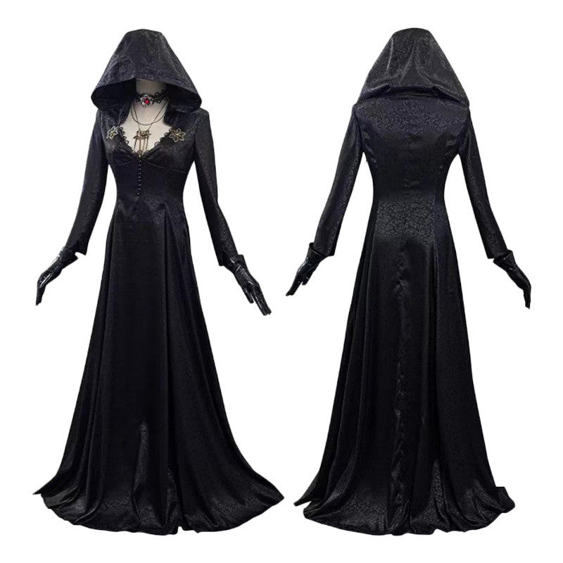 Classic Vampire Couples Cosplay 3-Piece — Black Vampire Gown, Men's Vampire Suit & Grey Gradient Wig