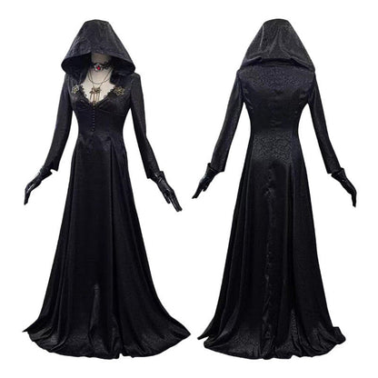 Classic Vampire Couples Cosplay 3-Piece — Black Vampire Gown, Men's Vampire Suit & Grey Gradient Wig