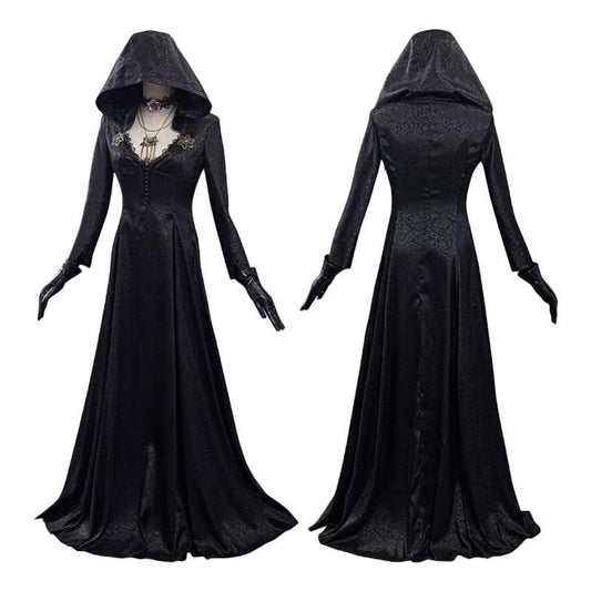 Classic Vampire Couples Cosplay 3-Piece — Black Vampire Gown, Men's Vampire Suit & Grey Gradient Wig
