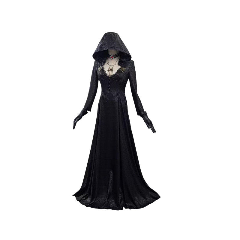 Female Black Vampire Long Dress Halloween Costume — back view