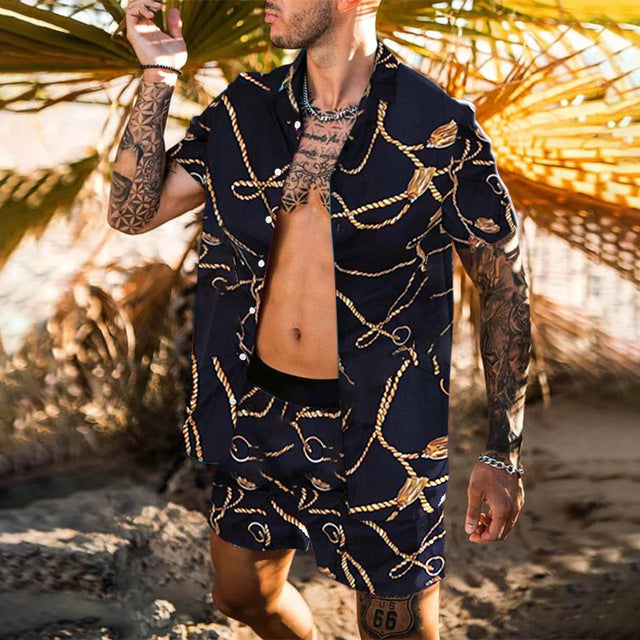 Floral Shirt Beach Two Piece Suit New Fashion Men Sets — in use