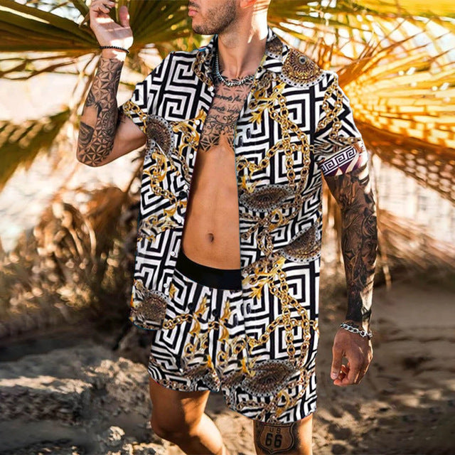 Floral Shirt Beach Two Piece Suit New Fashion Men Sets — scale reference