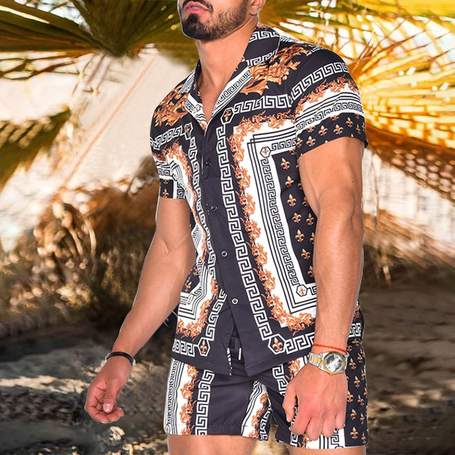 Floral Shirt Beach Two Piece Suit New Fashion Men Sets — side view
