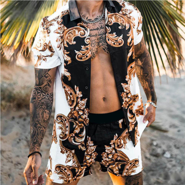 Floral Shirt Beach Two Piece Suit New Fashion Men Sets — detail