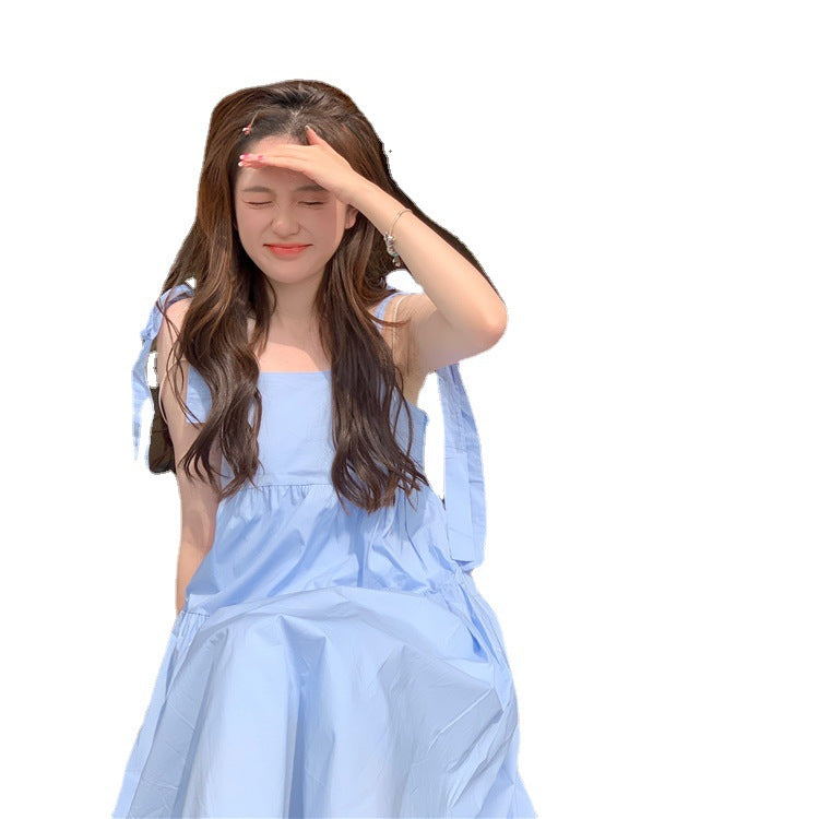 French Gentle Wind Fairy Skirt Lace-up Bow-knot Temperament Suspender Dress — in use