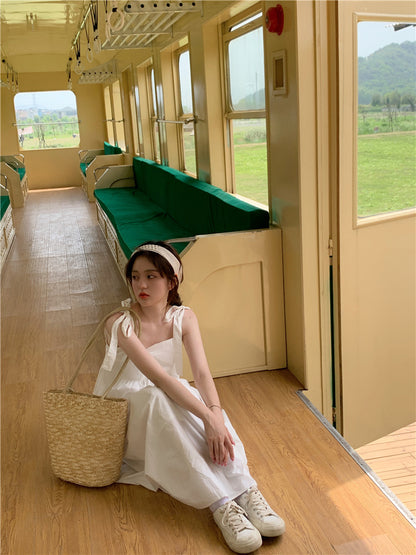French Gentle Wind Fairy Skirt Lace-up Bow-knot Temperament Suspender Dress — scale reference