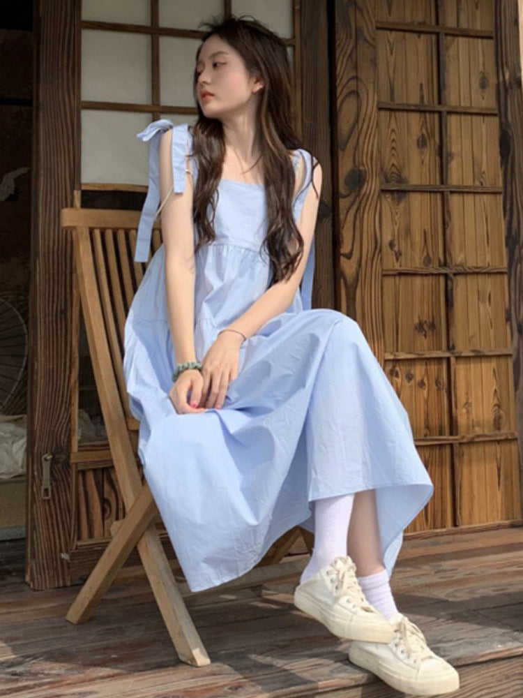 French Gentle Wind Fairy Skirt Lace-up Bow-knot Temperament Suspender Dress — side view