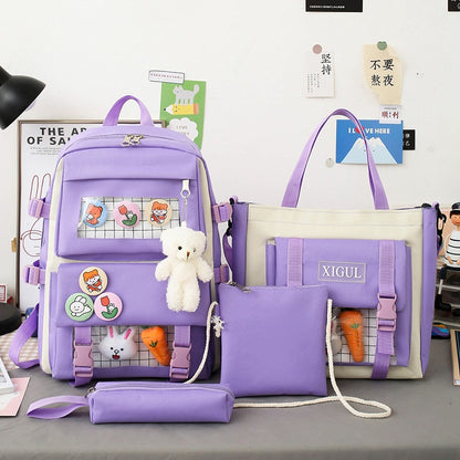 Backpack four-piece set Harajuku college style backpack backpack — back view