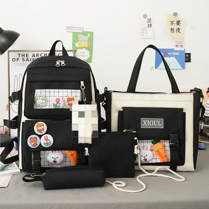 Backpack four-piece set Harajuku college style backpack backpack — back view