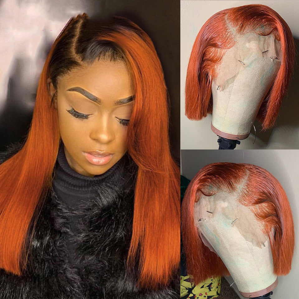 Gradient Color Short Bob Wig Orange Lace Front Human Hair Wig — side view