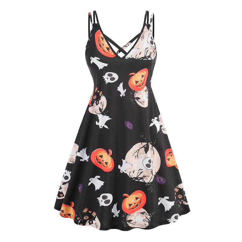 V-neck Strap Halloween Printed Pumpkin | Magic Stories