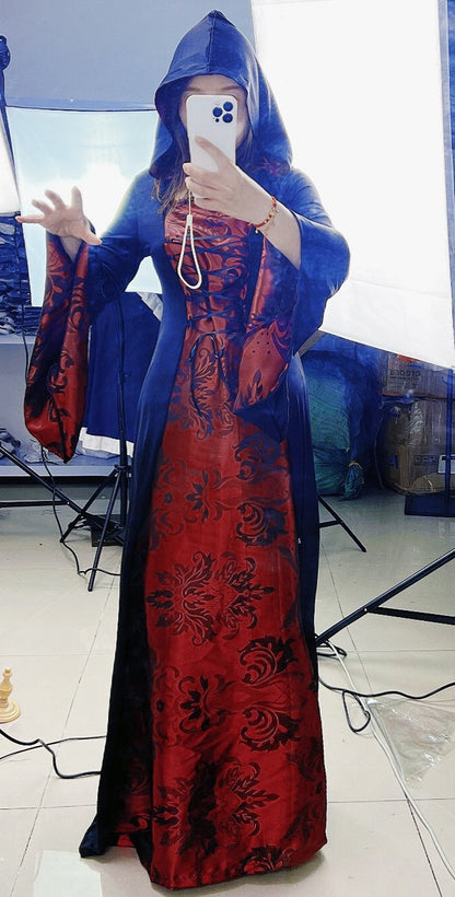 Halloween Cloak Vampire Cosplay Costume Wizard Dress Up Robe — in use