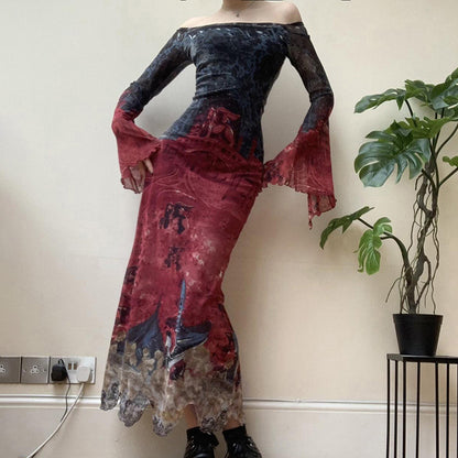 Dark Goth Style Retro Multicolor Printing Irregular Mesh Long Dress — back view