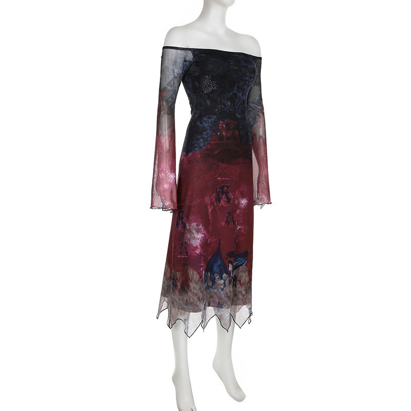 Dark Goth Style Retro Multicolor Printing Irregular Mesh Long Dress — in use