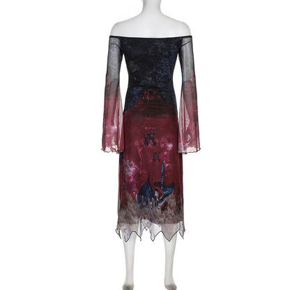 Dark Goth Style Retro Multicolor Printing Irregular Mesh Long Dress — side view