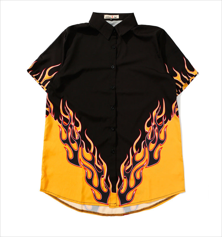 Harajuku style flame short sleeve shirt | Magic Stories