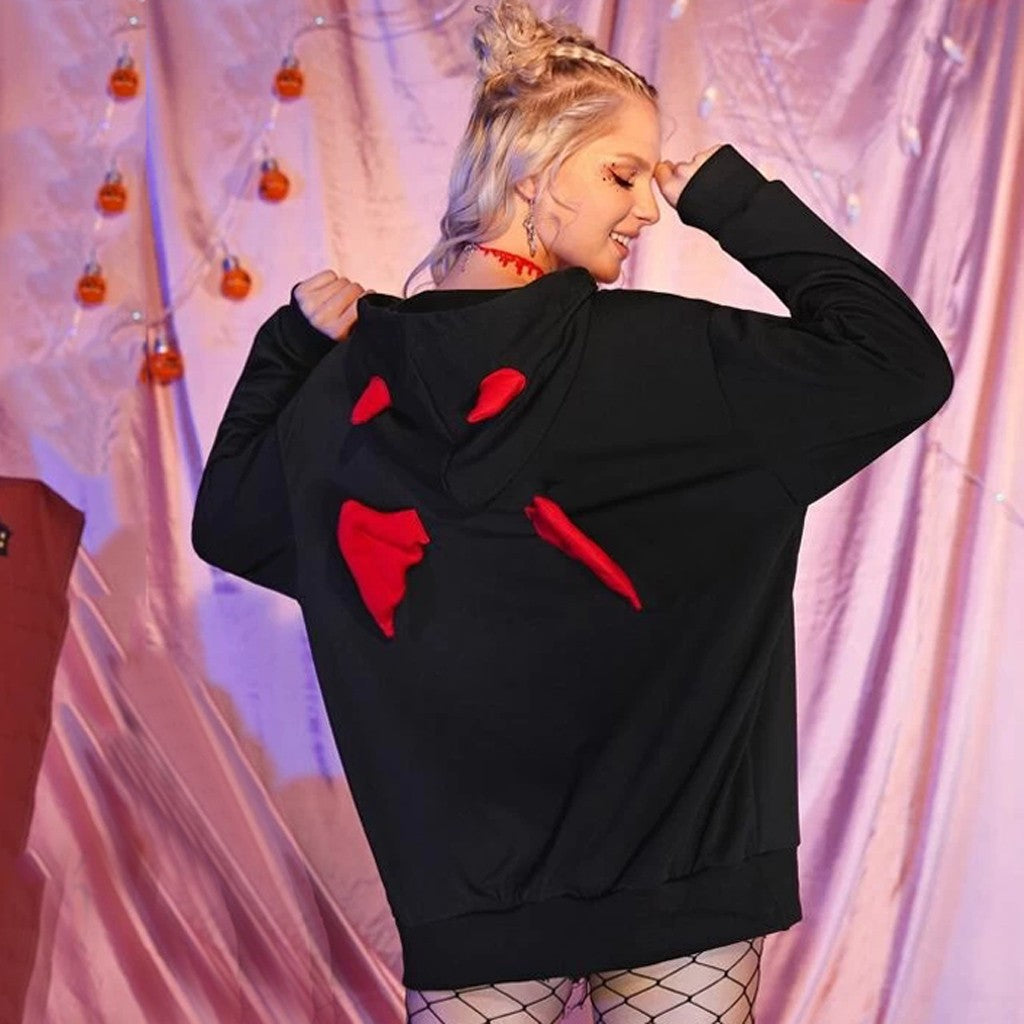 Diablo Three-Dimensional Horns Little Devil Plus Fleece Hooded Sweater — side view