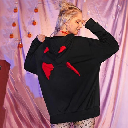 Diablo Three-Dimensional Horns Little Devil Plus Fleece Hooded Sweater — side view