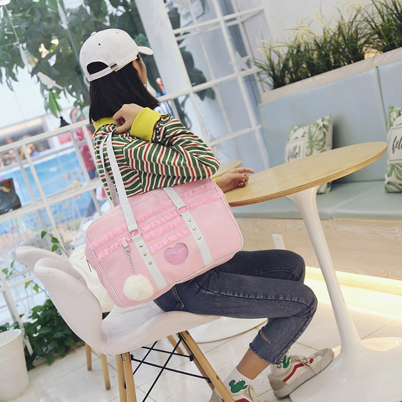 Lolita Japan Harajuku Kawaii JK Shoulder HandBag Lace Ruched Handbag Transparent Love Heart HandBag with Plush — detail