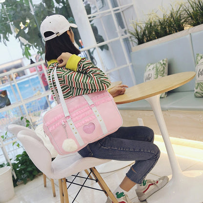 Lolita Japan Harajuku Kawaii JK Shoulder HandBag Lace Ruched Handbag Transparent Love Heart HandBag with Plush — detail
