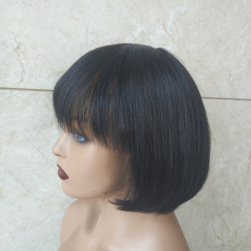 Double Drawn Short Bob Wig Brazilian Human Hair Fringe Wig — side view