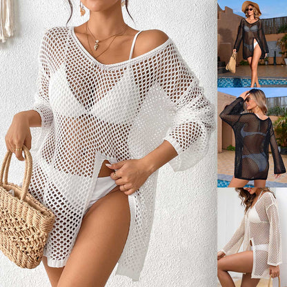 New Irregular V Neck Cover Up, Hollow Out Side Slit Bikini Beach Dress, Hot Selling European American Vacation Kimono