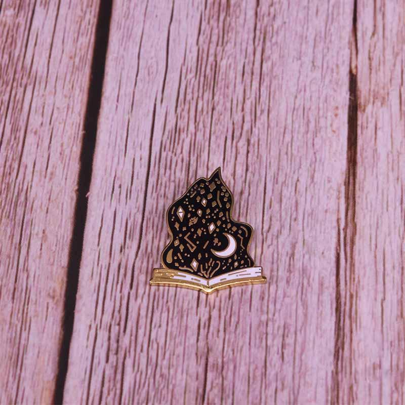 Magic book enamel pin magic witchcraft badge black flame brooch — detail