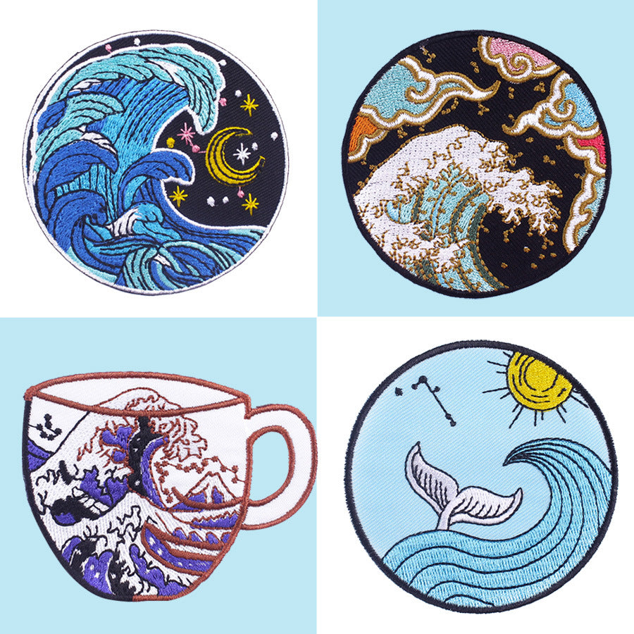 Anime Wave Embroidery Cloth Paste Computer Embroidered T Shirt With Back Glue DIY Patch — in use
