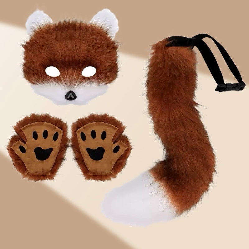 Cute Fox Mask Plush Cat's Paw Gloves Beast Tail Three-piece Set — back view