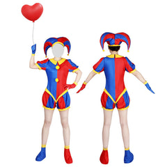 Pomni cosplay costume from The Amazing Digital Circus — red and blue jester romper, hat, gloves and shoe covers