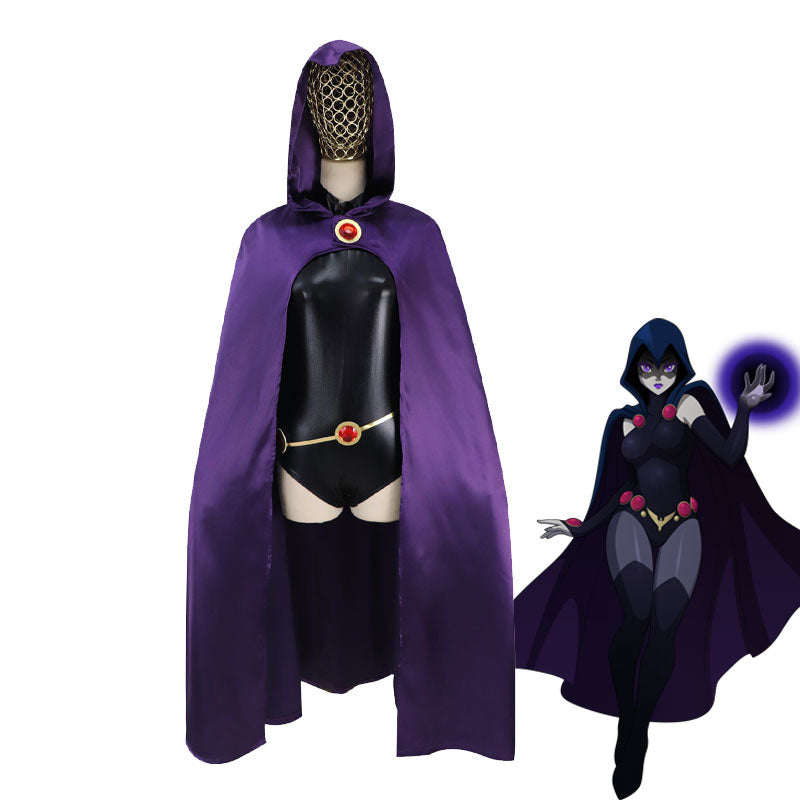 Teen Titans Raven cosplay costume — purple hooded cloak with red gem clasps, black bodysuit and gold belt
