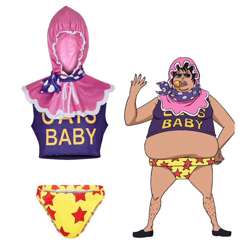 Senor Pink cosplay costume from One Piece — pink bonnet hood, polka-dot scarf, purple crop top and yellow star briefs