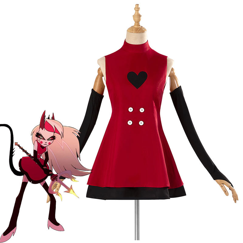 Charlie Morningstar cosplay costume from Hazbin Hotel — red high-neck dress with a black heart, white buttons and long black gloves, shown beside the Charlie full-demon reference art