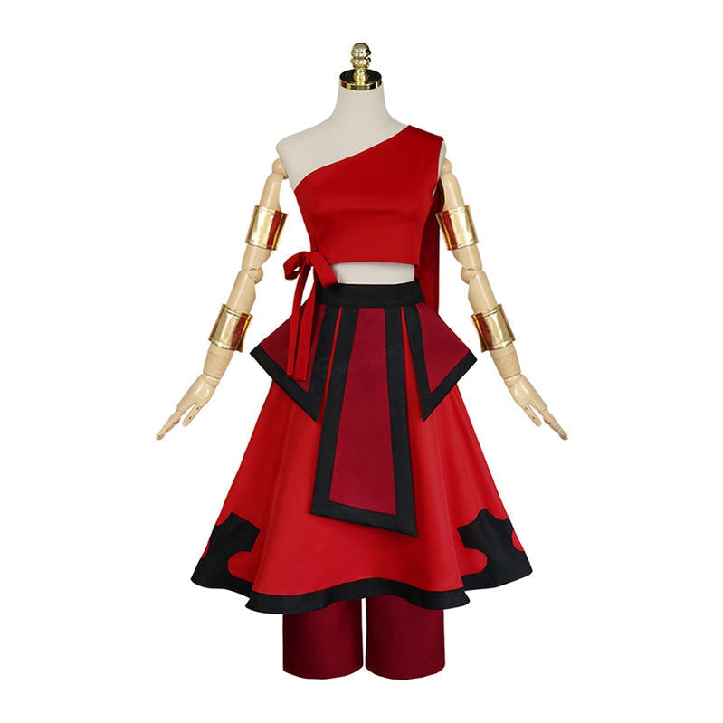 Katara Fire Nation outfit, front view — red one-shoulder top with side tie over a black-trimmed red skirt and cropped red trousers