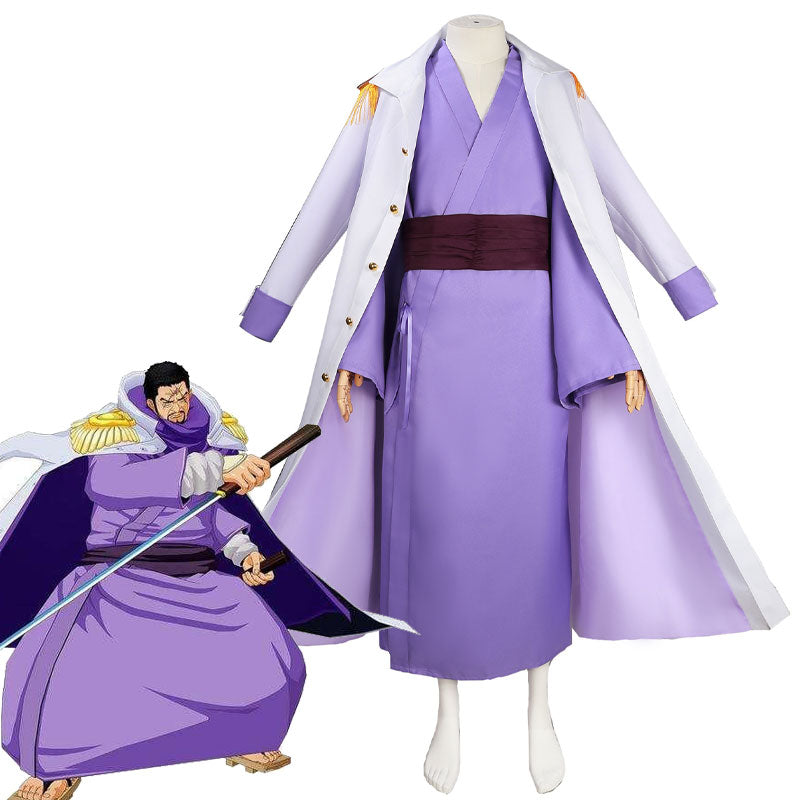 Fujitora Issho cosplay costume from One Piece — purple kimono with dark obi under the white Marine admiral coat, shown beside the Fujitora anime reference art