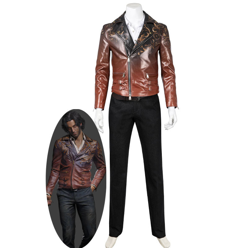 Luis Serra cosplay costume from Resident Evil 4 — brown leather jacket with gold baroque embroidery, white shirt and black trousers
