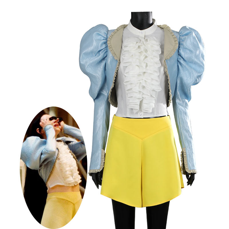 Poor Things Bella Baxter Cosplay Duo — Light-Blue Fullset Costume + Long Black Styling Wig — back view
