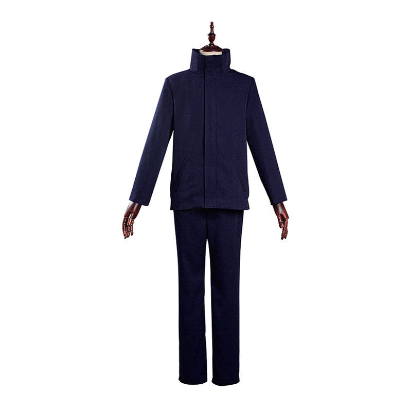 Satoru Gojo blindfold cosplay uniform front view — dark navy jacket with stand collar and matching trousers