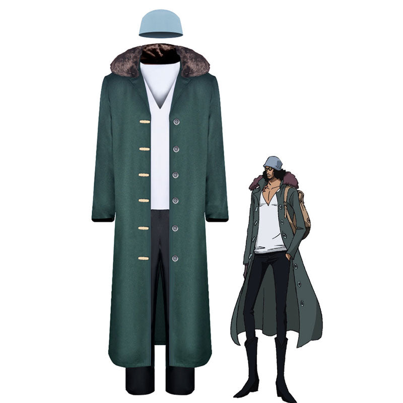 Kuzan Aokiji cosplay costume from One Piece — long dark green fur-collared coat, white shirt, black trousers and pale blue beanie, shown beside the Aokiji anime reference art