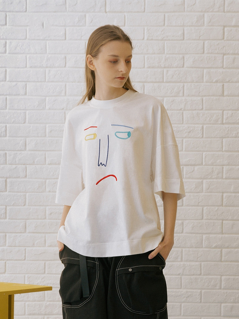 T-shirt Male Couple Female Tide Brand Fashion Simple Casual Embroidery Anime Round Neck — detail