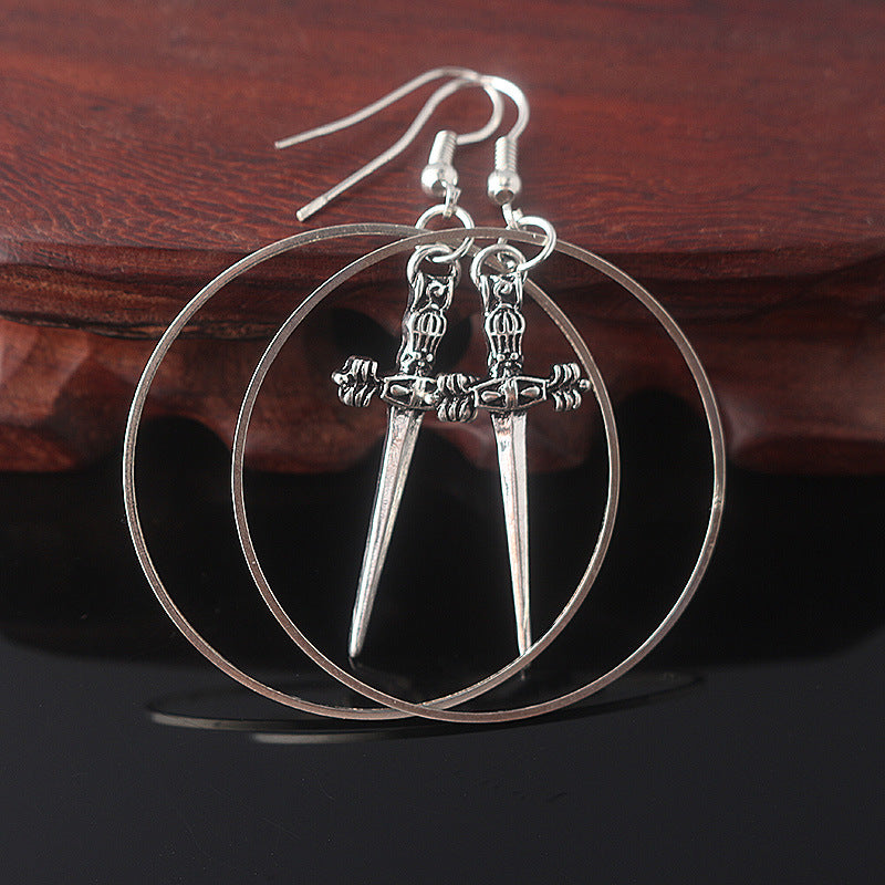 Silver Sword Earrings Dark Witch Pendant Gothic Antique Sword Earrings Ladies — back view
