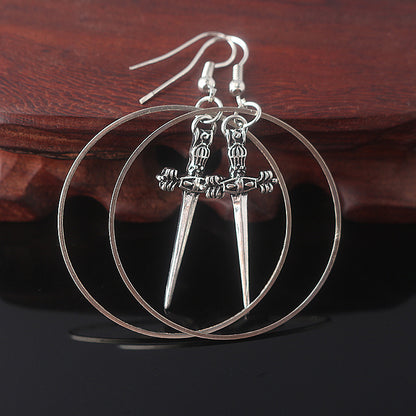Silver Sword Earrings Dark Witch Pendant Gothic Antique Sword Earrings Ladies — back view