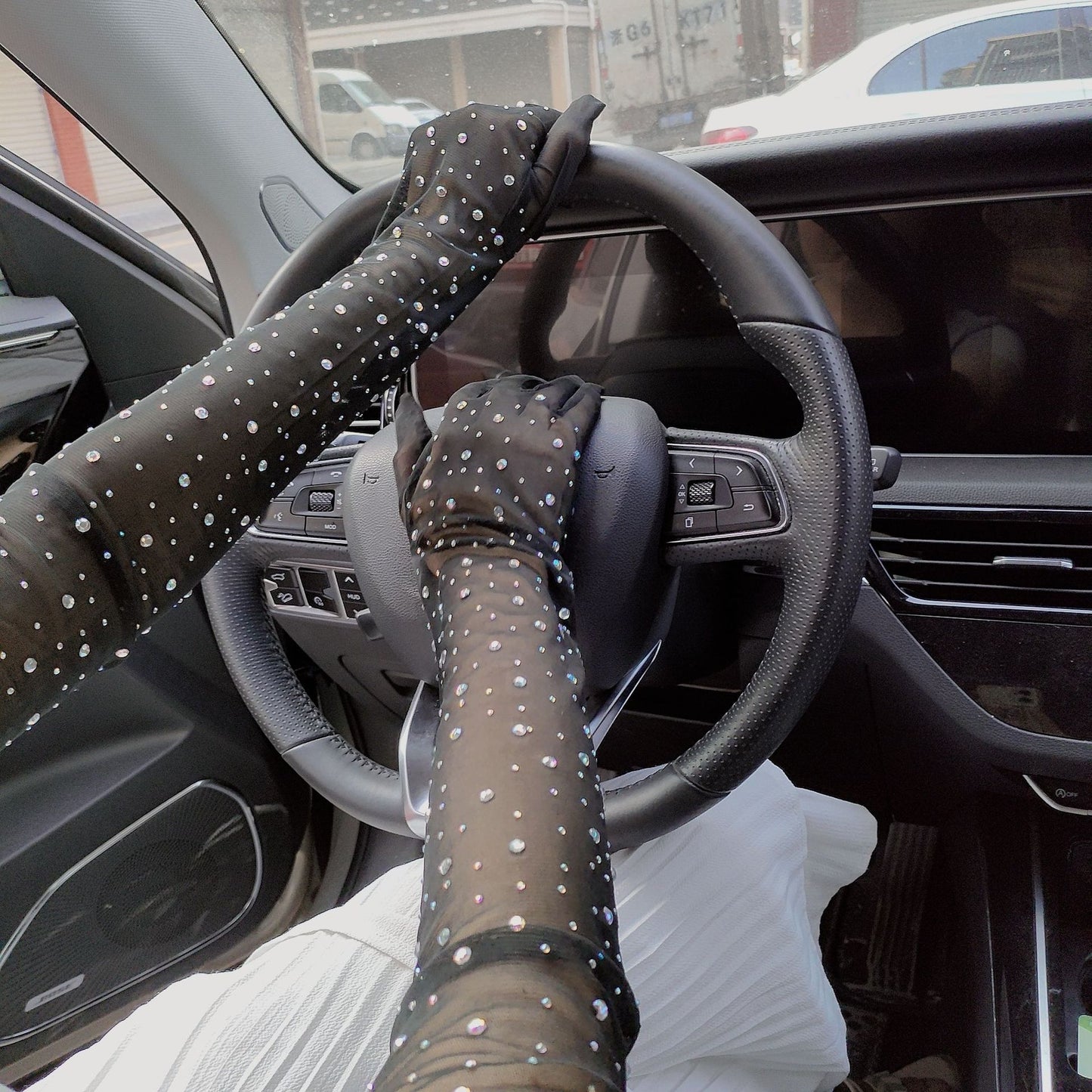 Halloween Dress Cosplay Rhinestone Lace Mesh Gloves — back view