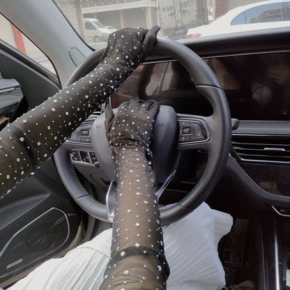 Halloween Dress Cosplay Rhinestone Lace Mesh Gloves — back view