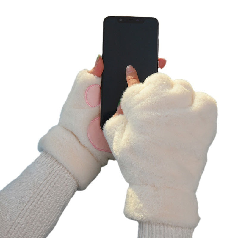 Cute Cat Claw Plush Gloves Female Winter Fleece-lined Warm Half Finger — side view